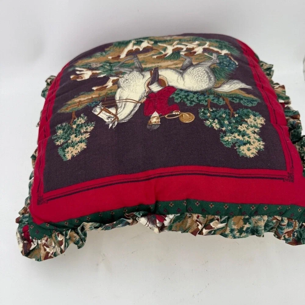 Vintage throw pillow featuring an English equestrian fox hunting scene
